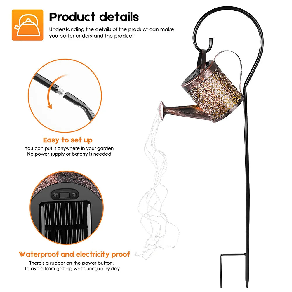 Solar Outdoor Waterproof Hanging Watering Can Waterfall Lamp